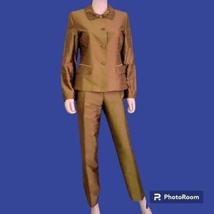 VTG 1960s PAULE VASSEUR Silk Taffeta Metallic Olive Green Mod Pant Suit